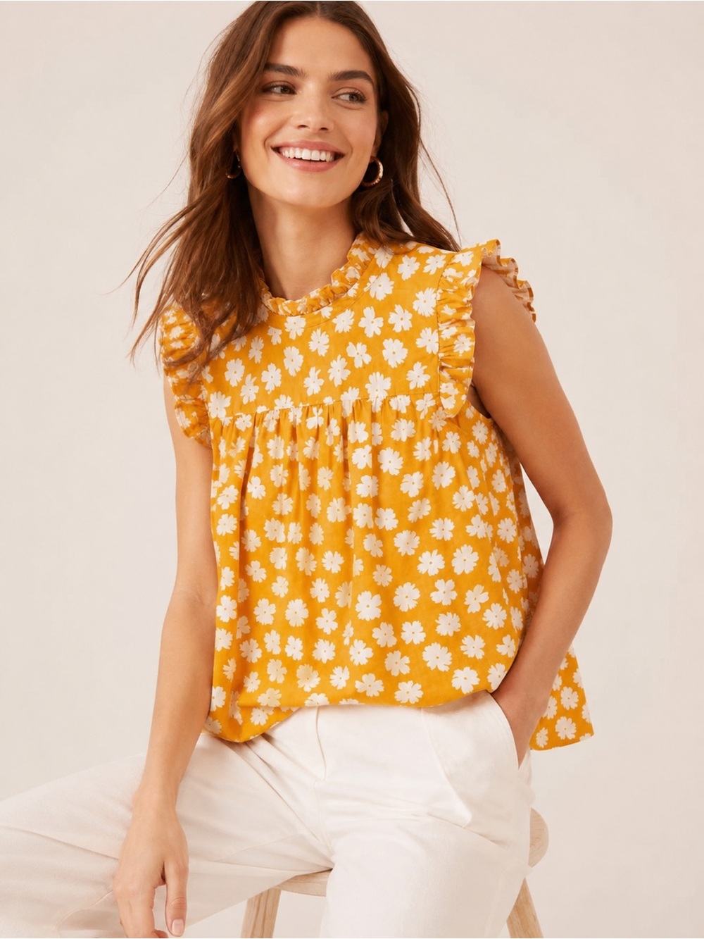 J. Crew Yellow Floral RuffleSleeve Top / Daisy Print sz 6